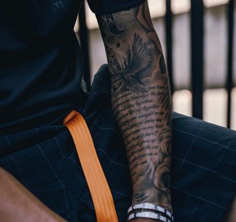 Sleeve To Chest Tattoo Men, Men Tattoo Ideas Inner Bicep, Dark Skin Tattoo Men Forearm, Script Sleeve Tattoo, Wrist Sleeve Tattoo Men, Best Bicep Tattoos Men, Scripture Arm Tattoo, Forearm Sleeve Tattoo For Men Ideas, Bible Verse Sleeve Tattoo