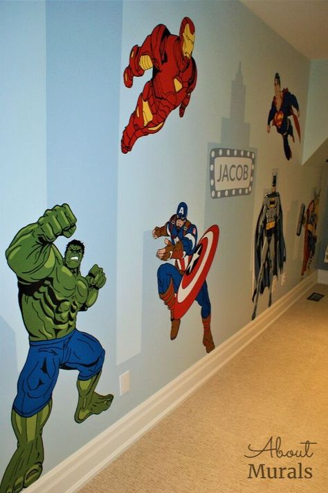 Superhero Bedroom With Bunk Beds, Marvel Room Paint Ideas, Marvel Avengers Bedroom Ideas, Marvel Wall Stickers, Superhero Mural Bedroom, Marvel Wall Mural, Kids Boys Room Ideas, Marvel Mural Bedroom, Avengers Kids Room Ideas