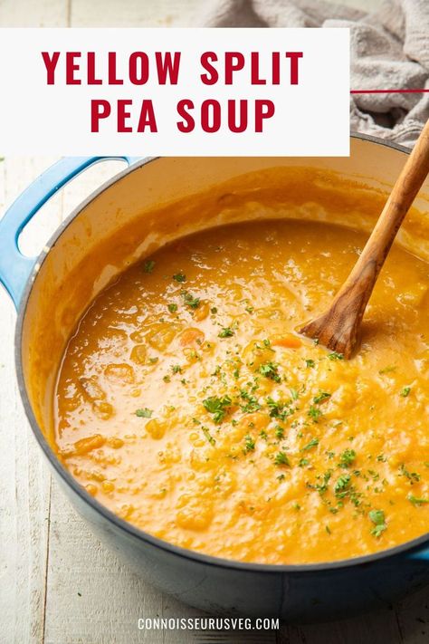 This yellow split pea soup soup is hearty, satisfying, and loaded with flavor. It's also super easy to make in one pot. Pair it up with some crusty bread for a comforting meal that everyone will love. It's vegan and gluten-free too! Vegan Yellow Split Pea Soup, Split Yellow Pea Soup, Yellow Split Pea Soup Crockpot, Yellow Split Pea Soup Recipes, Yellow Split Pea Recipes, Spiritual Eating, Split Pea Recipes, Pea Soup Crockpot, Yellow Pea Soup