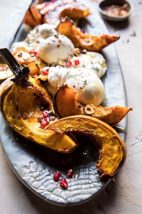 Honey Butter Roasted Acorn with Burrata and Pomegranate | halfbakedharvest.com @hbharvest Burrata Recipe, Burrata Cheese, Honey Nut, Half Baked, Half Baked Harvest, Acorn Squash, Crushed Red Pepper Flakes, Honey Butter, Comfort Foods