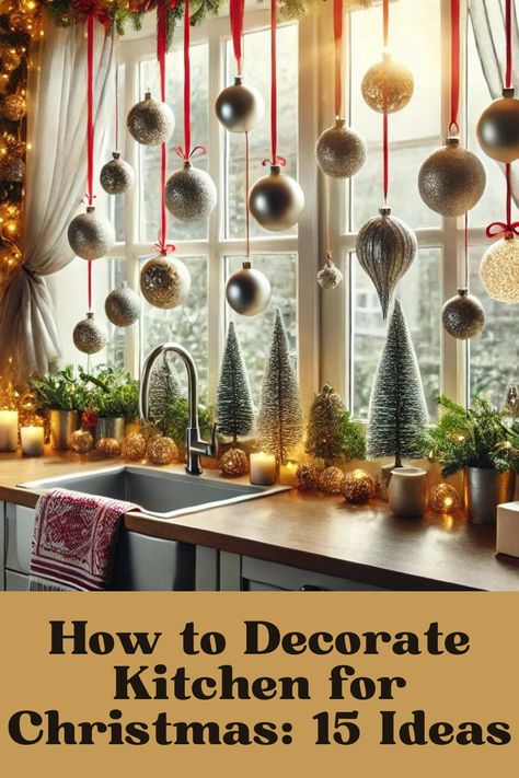 How to Decorate Kitchen for Christmas: 15 Ideas Wreath In Kitchen Above Stove, Christmas Kitchen Curtain Ideas, Kitchen Christmas Decor Dark Cabinets, Kitchen Window Decor Christmas, Kitchen White Christmas Decor, Christmas Decorations Over Kitchen Island, Tiny Kitchen Christmas Decor, Cute Ways To Decorate For Christmas, Garland Over Kitchen Sink