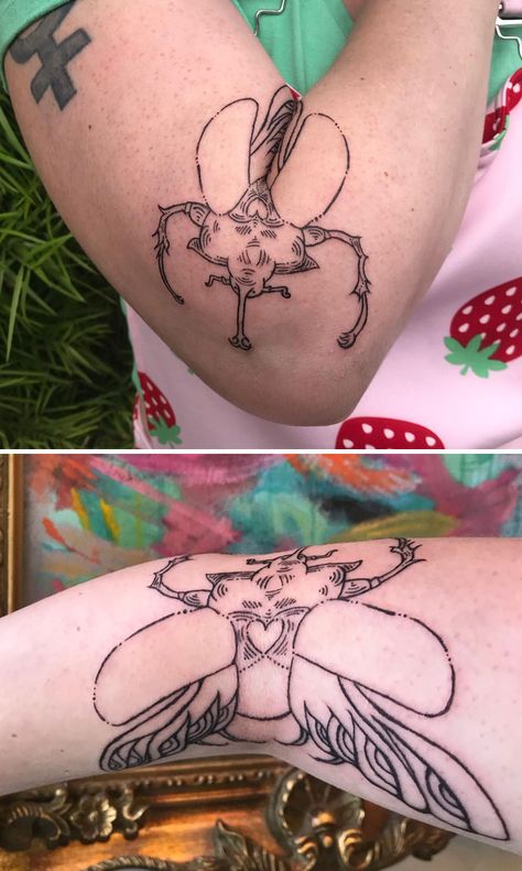 Beetle Arm Crease Tattoo, Elephant Beetle Tattoo, Color Beetle Tattoo, Beetle Arm Tattoo, Beetle Knee Bend Tattoo, Beetle Tattoo Elbow, Beetle Elbow Tattoo, Cartoon Bug Tattoo, Beetle Tattoo Side Of Knee