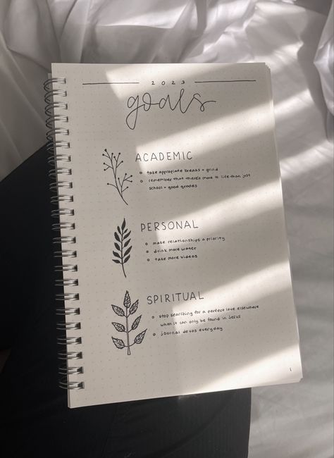 Bullet journaling, 2023, new year, goals, personal, spiritual, and academic. Bojo Journal Ideas 2023, Goals Book Ideas, Goals Journal Ideas Layout, Goal Diary Ideas, Goal Book Diy Ideas, Journal Ideas Goals Page, Notebook Goals Ideas, Journal Planner Aesthetic, Goal Book Ideas