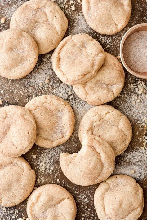 Soft and Chewy High Altitude Snickerdoodles - Curly Girl Kitchen Cinnamon Layer Cake, Cookie Recipes High Altitude, High Altitude Cookies, Chewy Snickerdoodles, Chip Sandwich, Snickerdoodle Cake, Cinnamon Buttercream, Christmas Cookie Box, High Altitude Baking