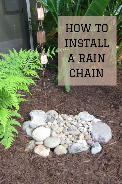 Rain Chain Base Ideas, Rainchain Ideas Gardens, Rain Chain Ideas Landscapes, Rain Chain Drainage Ideas, Rain Chains Ideas, Rain Chain Drainage River Rocks, Rain Chains Without Gutters, Rain Chain Drainage, Rain Chains Gutter Downspout Ideas