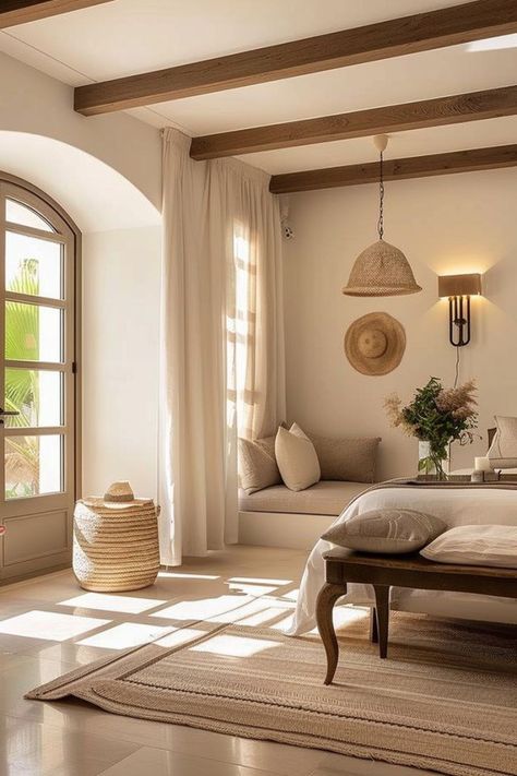 Bedroom Inspo Mediterranean, Meditteranean Bedroom, Spanish Interior Design Bedroom, Bedroom Spanish Style, Mediterranean Interior Design Bedroom, Modern Mediterranean Bedroom, Mediterranean Bedroom Ideas, Mediterranean Style Bedroom, Spanish Vibes