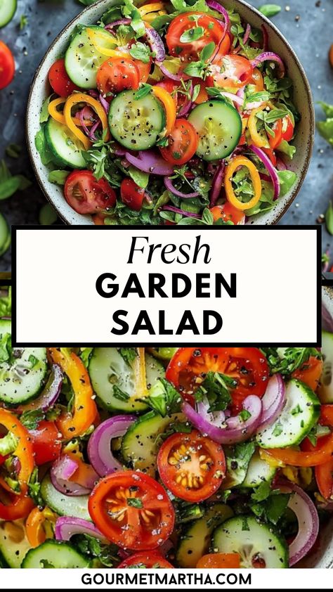 This vibrant Fresh Garden Salad is bursting with crisp vegetables, juicy tomatoes, and a light, zesty dressing. Perfect as a side dish or a healthy main, it's the ultimate fresh and wholesome meal to enjoy any time of day. Save this recipe for an easy dinner #gardensalad #freshsalad #easyrecipes #saladrecipes #healthyliving #vegetarianrecipes #veggies #healthysalad #quickmeals #cleaneating #homemade #mealprep Salads Recipes No Meat, Veggie Heavy Salad, Healthy Salad Prep, Lunch Salad Ideas Vegetarian, Dinner Side Salads, Salads For Parties Summer, Simple Vegetable Salad, No Carb Salad Recipes, Healthy Veggie Salad