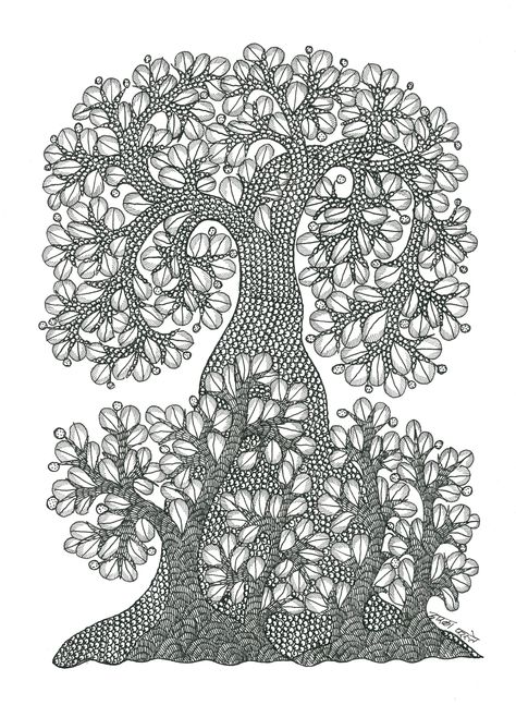 Tree Of Life Gond Art, Madhubani Embroidery, Books Cabinet, Hotel Artwork, Kalamkari Art, Indian Motif, Gond Art, Fork Art, Tree Of Life Painting