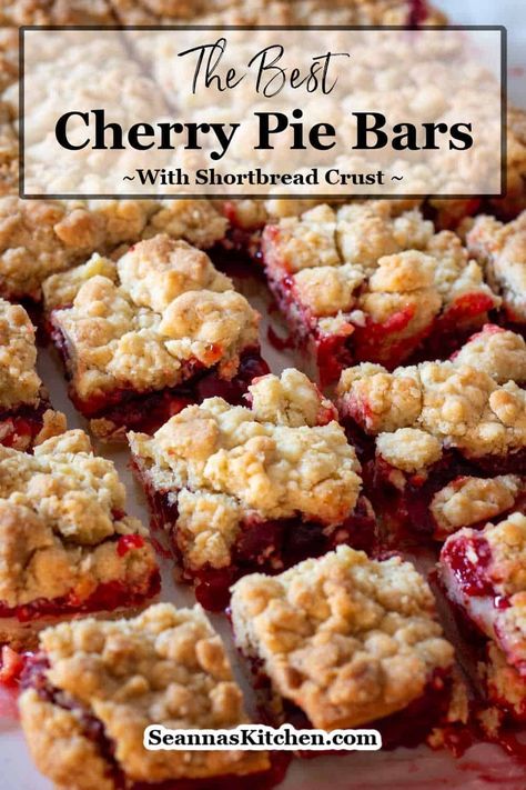 Calling all cherry lovers! These Cherry Pie Bars with shortbread crust are so easy - we're talking buttery shortbread, a layer of canned cherry pie filling, and a sprinkle of crumb topping made with cake mix. Done and done! They're perfect for when you want a taste of summer pie without all the fuss. Canned Cherry Pie Filling, Cherry Pie Bars Recipe, Canned Cherry Pie, Pie Filling Desserts, Bars With Shortbread Crust, Cherry Pie Cookies, Cherry Pie Filling Recipes, Cherry Pie Bars, Sweet Bars