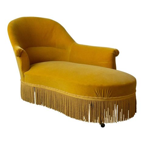 Chaise Lounge Gold, Retro Chaise Lounge, Fringe French, Art Deco Chaise Lounge Chair, Antique Chaise Lounge, Yellow Velvet Chaise Lounge, Velvet Chaise, Velvet Chaise Lounge, Leather Victorian Chaise