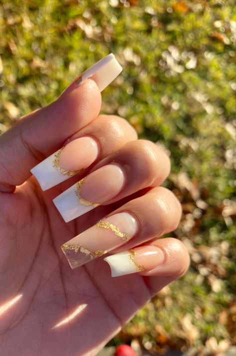 French Tip Nails With Gold Foil, Gold French Tip Nails Square, Gold And White French Tip Nails, White And Gold Square Nails, White And Gold French Tips, White And Gold French Tip Nails, French Tip Gold, Gold Nails French, Gold Nails Acrylic