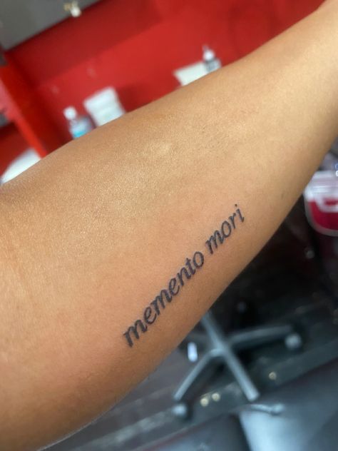 Tattoo Cursive, Memento Mori Tattoo, Cursive Tattoos, Word Tattoo, Word Tattoos, Memento Mori, Future Tattoos, Tattoo Quotes, Body Art