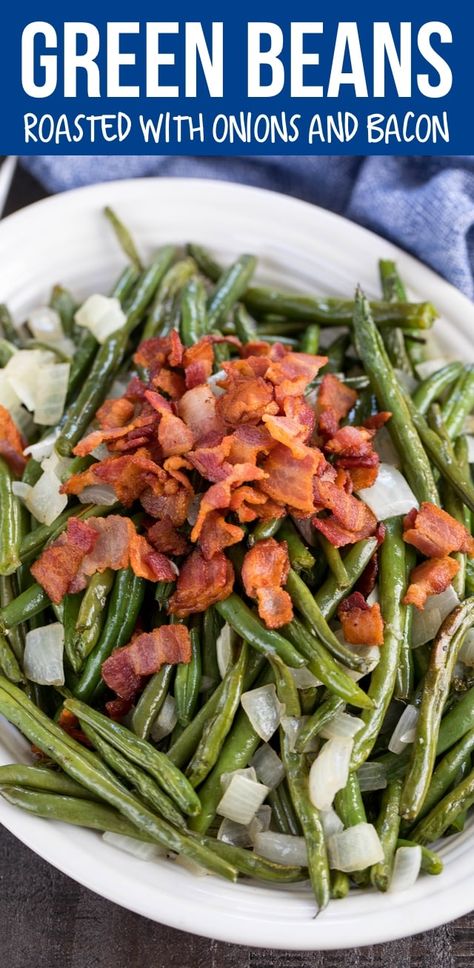 Roasted Green Beans with onions and bacon are the perfect side dish for any meal! This easy recipe is full of flavor. Roasted Green Beans With Bacon, Green Beans With Onions, Beans With Bacon, Cookout Side Dishes, Crazy For Crust, Green Beans With Bacon, Side Salad Recipes, Sauteed Green Beans, Roasted Green Beans