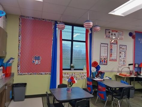 Patriotic Themed Classroom, America, USA, Decor, red, white, and blue Red White And Blue Classroom, Patriotic Classroom Theme, Blue Classroom, Patriotic Classroom, Nautical Classroom, Kindergarten Classroom Decor, Sound Wall, Prek Classroom, School Hallways