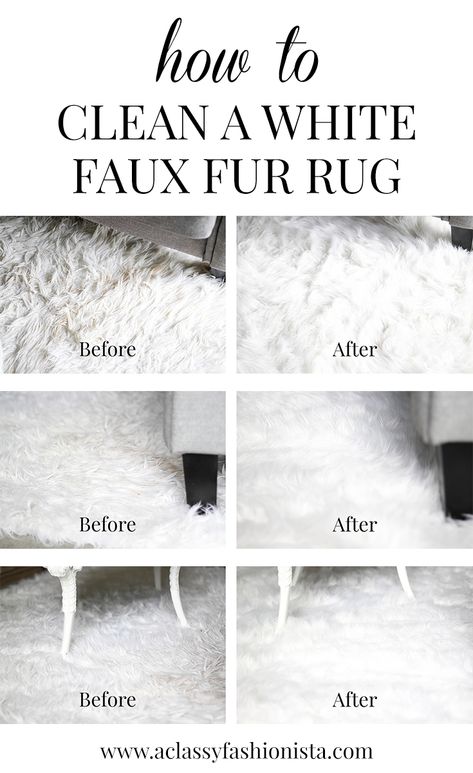 HOW TO CLEAN A WHITE FAUX FUR RUG | A Classy Fashionista | white fur rug, faux fur rug, how to clean fur rug, how to clean white fur rug, cleaning tips, white faux fur rug, white rug Fur Rug Decor, Fur Rug Bedroom, Fur Rug Living Room, Clean Shag Rug, White Fluffy Rug, White Faux Fur Rug, White Fur Rug, Cleaning Carpets, White Bathroom Rug