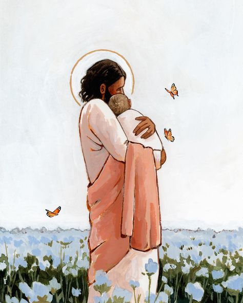 October is Pregnancy and Infant Loss Awareness month, and October 15th is Pregnancy and Infant Loss Remembrance Day 🩷🩵 each year I try to do a new painting in honor of this day. This year’s painting is titled ‘Among The Forget Me Nots’. In this painting, Christ hugs an angel baby to His chest while standing in a field of forget me not flowers. Butterflies surround Christ and the baby. In many cultures, both forget me not flowers and butterflies are symbolic of loved ones who have passed awa... Pregnancy Loss Awareness Month, Pregnancy And Infant Loss Awareness, Pregnancy Loss Awareness, Baby Remembrance, Flowers With Butterflies, Infant Loss Awareness Month, Infant Loss Awareness, Pregnancy And Infant Loss, Forget Me Not Flowers