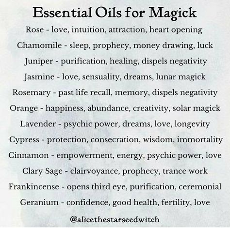 Essential Oils Meaning Witchcraft, Essential Oils In Witchcraft, Magical Oils Recipes, Oil Magical Properties, Crystal And Plants, Witch Correspondence, Spell Oil Recipe, Incense Meaning Spiritual, Monday Magick