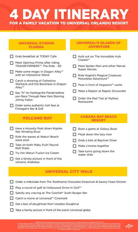 Take a look at this checklist as you plan for your next family vacation to Universal Orlando Resort! Universal Studios Checklist, Universal Studios Trip Planning, Universal Orlando Itinerary, Universal Studios Orlando Itinerary, Universal Studios Orlando Planning Printables Free, Universal Studios Orlando Packing List, Universal Orlando Tips, Universal Studios Orlando Outfit, Orlando Itinerary