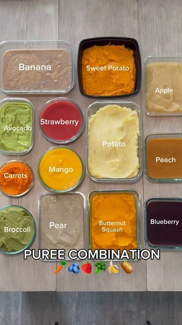 Eugenie🤍 on Instagram: "PART THREE: Here are all the homemade puree combinations my baby loves 🥦🍌🫐🥕🍓 I added the full list of combinations and shopping list at the end of the video✨ #babypuree #babypurees #puree #babyfood #babyeating #instababy #momlife #motherhood #instamom #fyp #fypシ #fypage" First Baby Purees, 8 Month Old Puree Ideas, 5 Month Old Puree Recipes, How To Make Puree, First Purees For Baby, Baby Purees Stage 1, Homemade Puree Baby Food, Stage 1 Baby Puree Recipes, Baby Puree Combinations