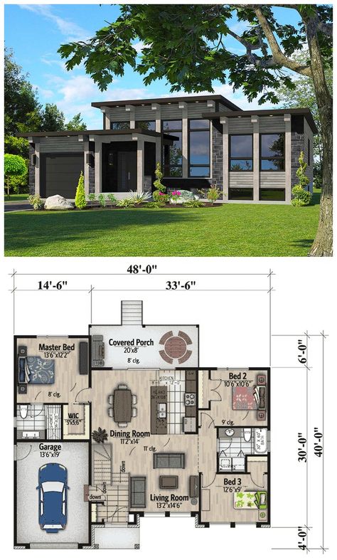 Attractive Modern House Plan Dramatic transom windows and a flat roof add a Contemporary edge to this one floor house plan. The sunken foyer is just three steps away from the big, open living area with views that swing from the livcing room to the dining room and kitchen. Sliding glass doors lead out to a large covered porch that has plenty of room for table and chairs. In a space-saving measure, the washer/dryer closet is part of the secondary hall bathroom. House Design One Floor Modern, Space Saving House Plans, Space Saving House Design, Modern 1 Floor House, Modern House Design 1 Floor, Modern House One Floor, One Story Modern House Design, One Floor House Design Modern, Modern Concrete House Plans