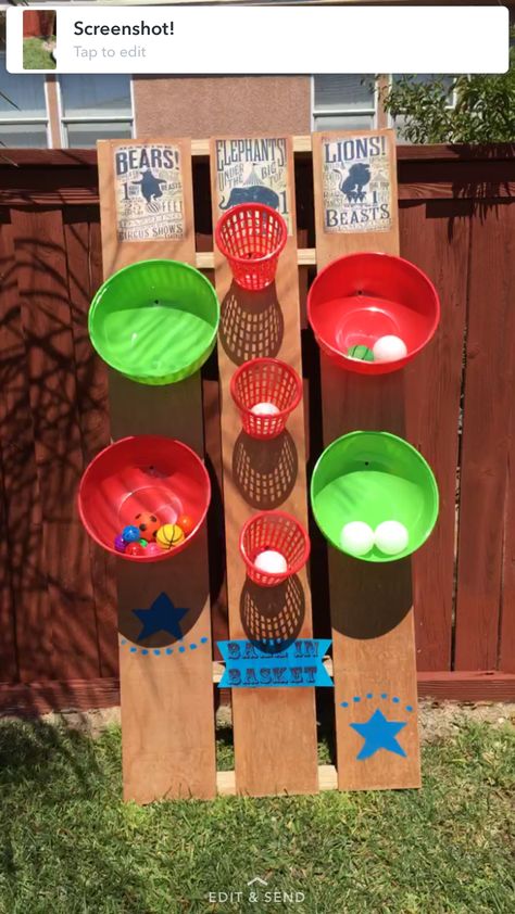 DIY Carnival Game, ball in basket, circus, 1st birthday, fun games, easy diy, dollar tree Carnival Games Ideas, Carnival Party Games, School Carnival Games, Diy Carnival Games, Backyard Carnival, Circus 1st Birthdays, Escuela Diy, Carnival Games For Kids, Carnival Birthday Party Theme