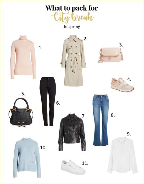 What to pack for your next city break? Here you can find also the printable list to plan your outfits Spring City Break Outfit, City Break Packing List, City Break Outfit Spring, City Break Packing, City Break Outfit, Pink Trainers, Beige Pumps, Spring City, Beige Trench Coat