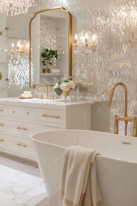 Bathroom Inspirations Luxe, Glitter Shower Tile, Master Bath Tile Wall, Calcutta Gold Shower Walls, Pearl Tile Bathroom Shower Walls, Half Bathroom Tile Wall, White And Gold Guest Bathroom, Marble Bathroom Mood Board, Pearl Tiles Bathroom