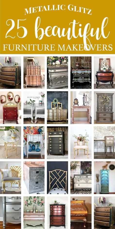 25 Metallic Painted Furniture Ideas - Salvaged Inspirations Bedroom Furniture Names, Metallic Furniture, Distress Furniture, Distressing Furniture, Painted Furniture Ideas, Metallic Painted Furniture, Spray Paint Furniture, Silver Metallic Paint, Salvaged Inspirations