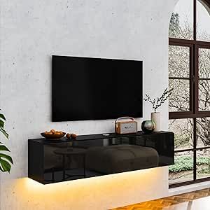 HOMMPA Floating TV Stand with Led Light for 63 Inch TVs Wall Mounted Led Entertainment Center Black with High Gloss Storage Modern Floor Mounted Media Console with Led Light for Living Room Living Room Television, Tv Stand Black, Tv Stand With Led Lights, Tv Mounted, Floating Tv Stand, Floating Tv, Television Stands, Light For Living Room, Modern Floor