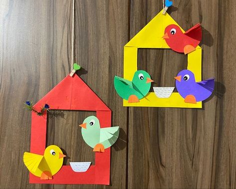 Bird Crafts Kindergarten, Birds With Paper, 3 D Birds Craft, Birds Craft For Preschoolers, Preschool Crafts Birds, Bird Craft For Kindergarten, Paper Craft For Wall Decoration, Spring Birds Crafts For Kids, Classroom Decor Idea