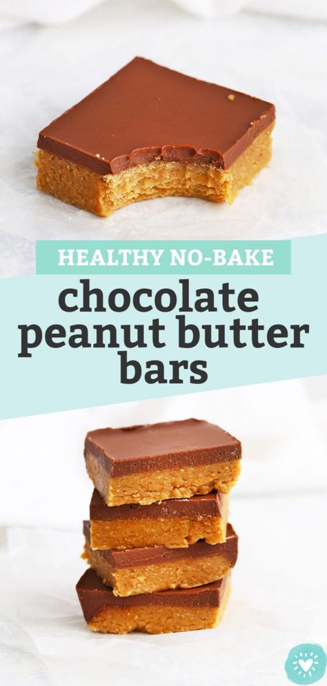 Healthy No-Bake Chocolate Peanut Butter Bars - This yummy treat tastes like peanut butter cups in bar form! (Gluten-Free, Vegan) // Peanut Butter Cup Bars // Buckeye Bars // Vegan Chocolate Peanut Butter Bars // No Bake Dessert #vegan #glutenfree #dairyfree #chocolate #peanutbutter Ab Foods, Peanut Butter Bars No Bake, Peanut Butter Bars Healthy, Peanut Butter Cup Bars, Reese's Peanut Butter Bars, Buckeye Bars, Healthy Baking Desserts, Chocolate Peanut Butter Bars, Peanut Butter Bars Recipe