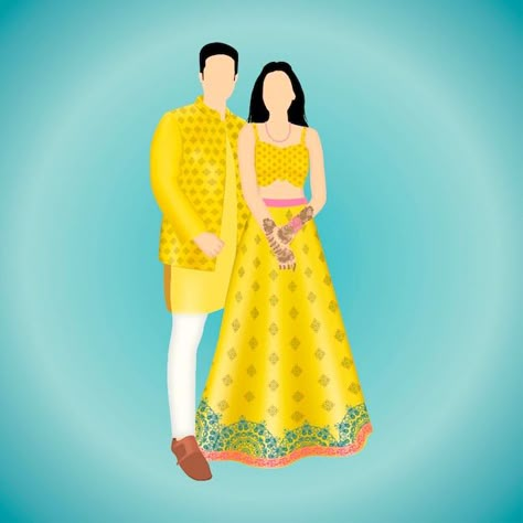 Haldi Illustration Couple, Haldi Couple Illustration, Haldi Ceremony Illustration, Haldi Illustration, Haldi Caricature, Haldi Couple, Hindu Marriage, Cartoon Wedding Invitations, Caricature Wedding Invitations