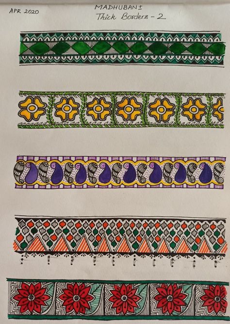 Mithila Painting Border Design, Painting Borders Designs, Madhubani Borders Patterns, Boder Degin, Madhubani Border, Folders Design, Bedsheets Ideas, Gecko Wall Art, Mithila Art