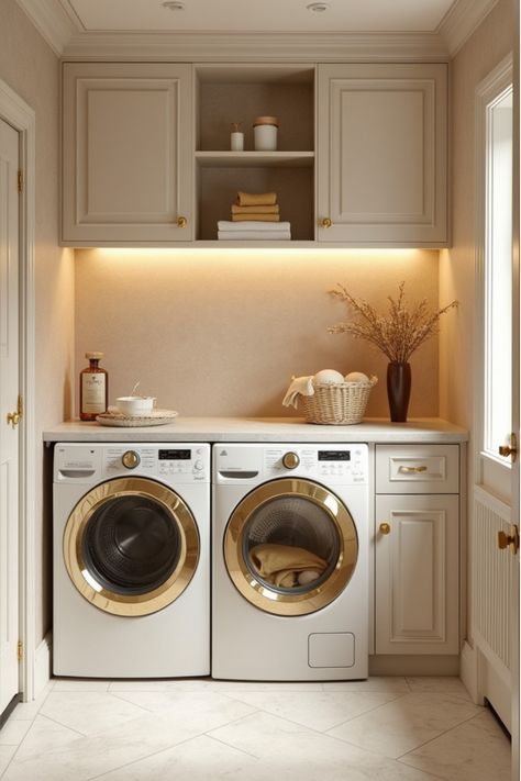 Elegant laundry room with champagne textured wallpaper and gold-accented appliances Laundry Room With Gold Accents, Champagne Washer And Dryer Laundry Room, Tan Laundry Room, White And Gold Laundry Room, Modern Laundry Room Wallpaper, Glam Laundry Room, Laundry Room Bathroom Combo, Wallpaper Top, Laundry Room Colors