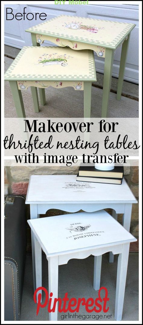 Nesting tables makeover with Chalk Paint and French image transfer. DIY tutorial...  #chalk #french #image #makeover #nesting #paint #tables Check more at http://diymobel.top/nesting-tables-makeover-with-chalk-paint-and-french-image-transfer-diy-tutorial/ Painted Nesting Tables, Paint Dresser Diy, Diy Old Furniture Makeover, Diy Kitchen Table, Kitchen Table Makeover, Diy Dresser Makeover, Farmhouse Dining Room Table, Bedroom Furniture Makeover, Diy Furniture Redo