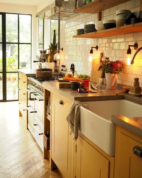 Yellow Kitchen Black Cabinets, Yellow Cabinets Butcher Block Counter, Yellow Eclectic Kitchen, Dark Yellow Kitchen Cabinets, Marigold Kitchen Cabinets, Yellow And Terracotta Kitchen, Yellow Cottagecore Kitchen, Sudbury Yellow Kitchen, Kitchen Yellow Cabinets