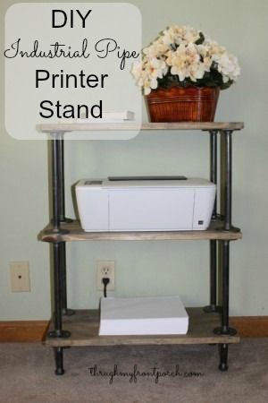 DIY Pipe And Wood Printer Stand - Through My Front Porch not necessarily for a printer but this looks cool Standing Desk Plans, Diy Standing Desk Plans, Pipe Furniture Diy, Diy Standing Desk, Diy Pipe Shelves, Wood Shelving Units, Plumbing Pipe Furniture, Pipe Shelf, Table Ikea