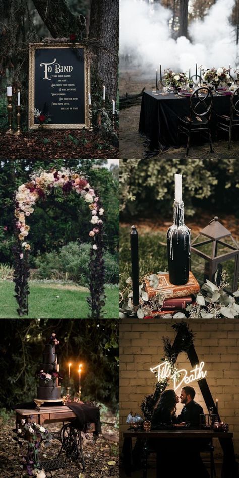 Black Forest Wedding Theme, Dark Wedding Vibes, Modern Goth Wedding, Goth Viking Wedding, Forest Goth Wedding, Spooky Forest Wedding, Black Wedding Aesthetic Wedding Ceremony Decor, Gothic Woodland Wedding, Witchy Wedding Theme