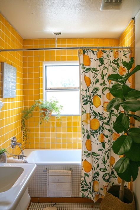 60+ Yellow Bathroom Ideas for a Lively & Vibrant Home - Days Inspired Yellow Tile Bathroom Ideas, Yellow Bathroom Ideas, Yellow Tile Bathroom, Yellow Bathroom Tiles, Mint Green Bathrooms, Small Bathroom Renos, Guest Bathroom Decor, Yellow Bathroom, Vibrant Home