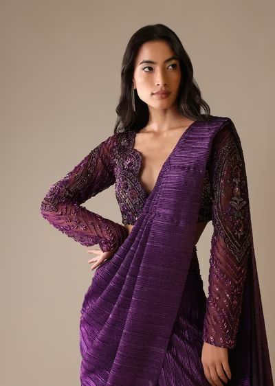 Saree Styles Indian, Saari Drape Style, Dresses Made From Sarees Party Wear, Purple Party Wear Saree In Traditional Drape, Blouses For Women Saree, Purple Saree Look, Fitted Purple Pre-draped Saree For Diwali, Purple Designer Saree, Purple Bollywood Saree With Traditional Drape