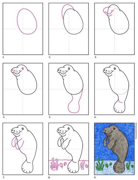 Easy How to Draw Manatee Tutorial and Manatee Coloring Page Manatee Art, Ocean Classroom, Aquatic Life, Handprint Craft, Drawing Projects, Bullet Journal Doodles, Art Drawings For Kids, Drawing Lessons, Drawing Skills