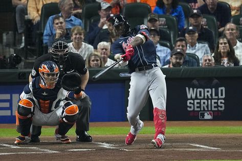 October 27 2021 - Jorge Soler hits a home run as the Atlanta Braves come out swinging early to beat the Houston Astros 6-2 in the opening game of the MLB World Series Mlb World Series, October 27, Home Run, Houston Astros, Public Relations, World Series, Atlanta Braves, Each Day, Coming Out