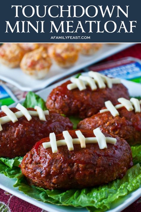 Super moist and delicious Hunt’s Touchdown Mini Meatloaf are oval-shaped meatloaves glazed with rich ketchup before baking, and then finished with string cheese to look like footballs.  Not only are they fun to look at (your football-loving guests will love these!) – they are also super flavorful, and perfectly moist and tender! #touchdownminimeatloaf #footballmeatloaves Football Shaped Foods, Mini Meatloaf Recipes, Feast Recipes, Buffalo Chicken Bites, Mini Meatloaf, Mini Meatloafs, Football Snacks, Football Party Food, Tailgating Recipes