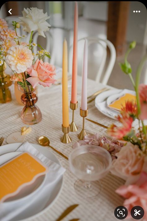 Apricot Table Setting, Sunset Wedding Tablescape, Colorful Wedding Linens, Bright Table Setting, Orange Wedding Table Setting, Sunset Wedding Aesthetic, Peach Table Cloth, Orange And Pink Wedding, Citrus Wedding