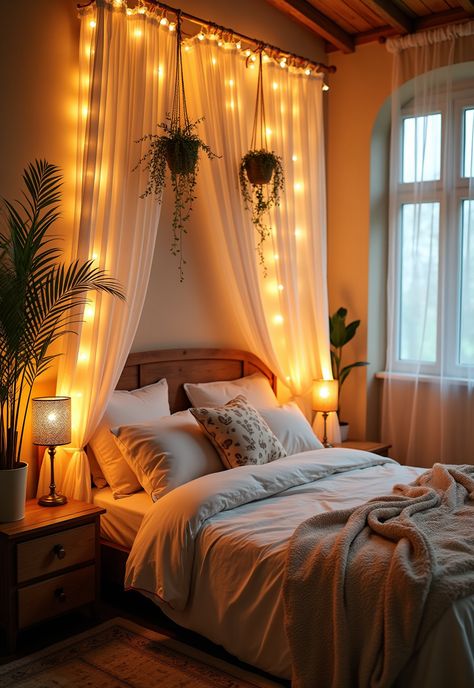 Boho Bedroom with Curtain Lights Boho Bedroom With Lights, Curtain Lights Bed, Curtains Headboard Ideas, Bed Canopy With Vines And Lights, Curtain Lights Aesthetic, Headboard Fairy Lights, Cafe Lights Bedroom, Bedroom Wall Curtain Ideas, Canopy Bed With Curtains And Lights