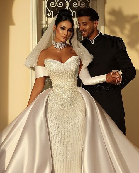 Cream Color Wedding, Egyptian Wedding Dress, Cream Colored Wedding Dress, Sadek Majed, Color Wedding Dresses, Egyptian Wedding, Beaded Wedding Gowns, White Dress Formal, Detachable Train