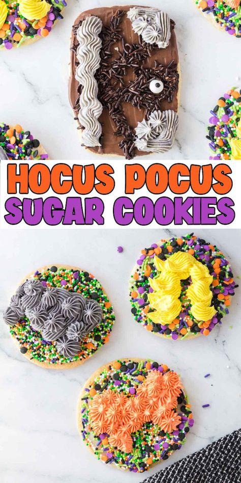 These decorated Hocus Pocus cookies are easy to make and the perfect DIY Halloween recipe for a Hocus Pocus party! Hocus Pocus Cookies, Festive Dessert Recipes, Spooky Sweets, Diy Halloween Food, Holiday Baking List, Hocus Pocus Party, The Sanderson Sisters, Chocolate Melting Wafers, Halloween Sprinkles