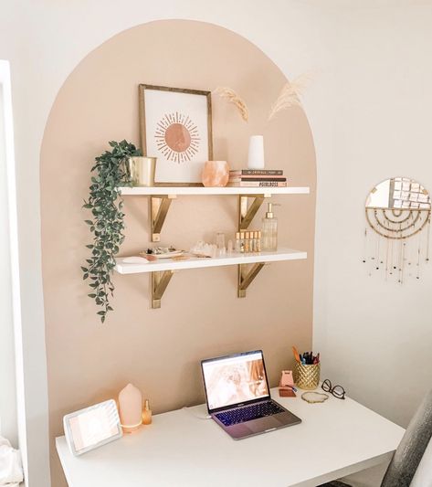 Minimal Boho Office, How To Dress Up Plain Walls, Boho Painted Bedroom, Boho Bedroom With Wallpaper Accent Wall, Boho Study Room Ideas, Onsite Office Decor, Minimalist Neutral Bathroom, Pink Boho Office Decor, Home Decor Ideas Pastel