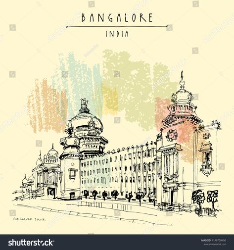 Bangalore (Bengaluru), Karnataka, India. Building in Neo-Dravidian style. Travel sketch. Vintage hand drawn postcard template. VectorNeo#Building#style#Dravidian Cityscape India, Cityscape Sketch, Simple Logos, Vintage Postcards Travel, Indian Illustration, City Sketch, Old Cemeteries, Travel Postcard, Postcard Template