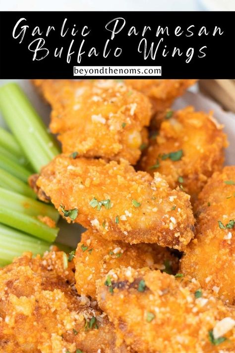 Garlicky, cheesy, and spicy buffalo wings. A finger licking appetizer perfect for gatherings or game day. Spicy Buffalo Wings, Wing Flavors, Parmesan Wings, Garlic Parmesan Wings, Buffalo Wing, Buffalo Wing Sauce, Air Fryer Recipes Chicken, Wing Sauce, Buffalo Wings